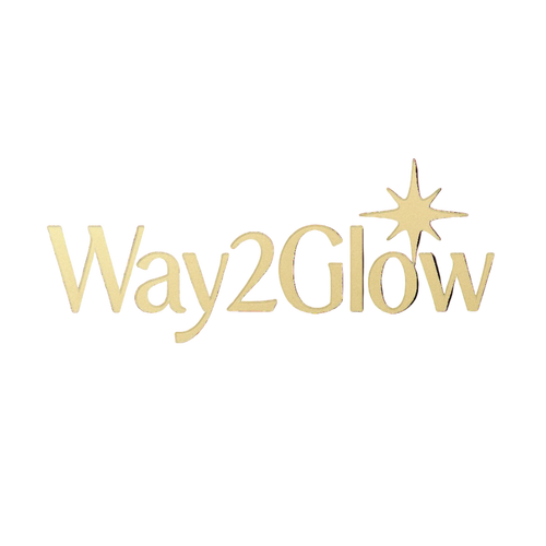 Gold 'Way2Glow' logo with a star on a white background